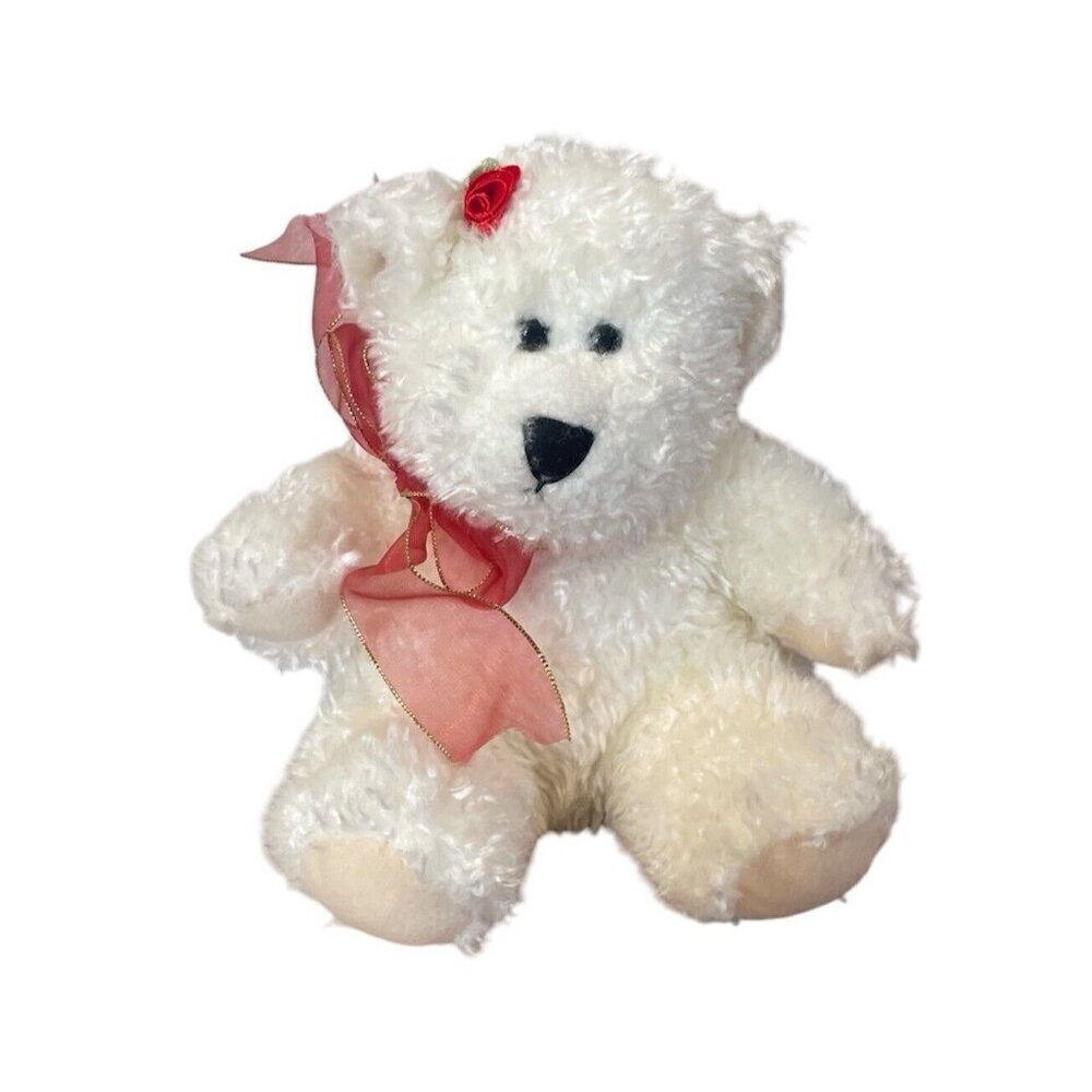 Commonwealth White Bear Plush Sits 10 Inch White Stuffed Animal Red Rose Bow